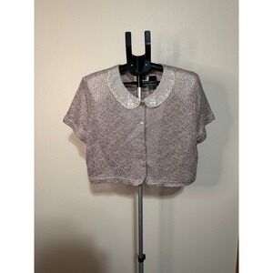 Petite Focus Vintage 90s Metallic Knit Cropped Cardigan Embroidered Collar Mauve